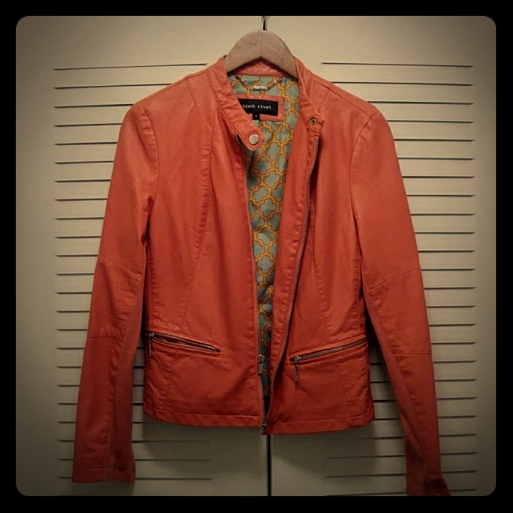 Black rivet orange Faux leather jacket
